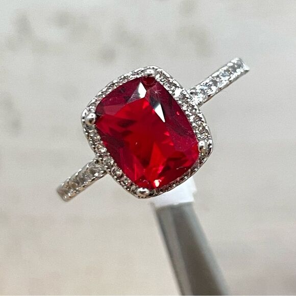 Beautiful Dainty Radiant Cit Halo Red Ruby White Diamond CZ Silver Plated Ring - Picture 1 of 5
